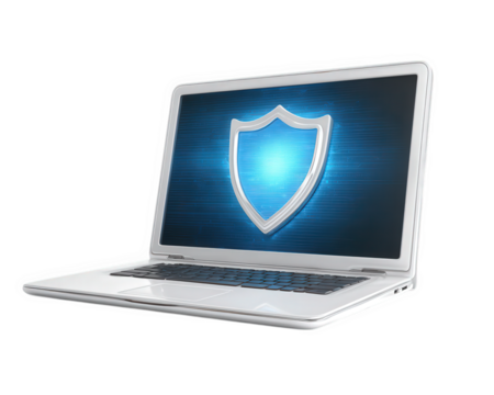 Laptop computer digital shield security protection blue technology screen symbol. modern laptop displays glowing blue digital shield symbol its screen representing cybersecurity and data