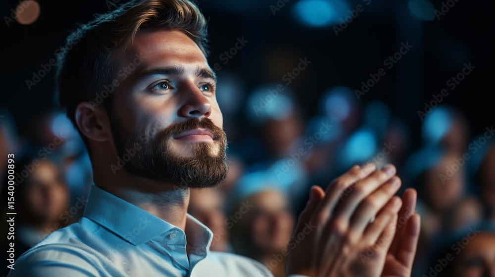 Poster audience member expresses appreciation during an engaging performance at a night event in a crowded 