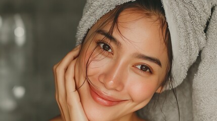 Asian woman in towel doing daily beauty routine, applying face cream while reflected in large mirror, steam on glass, cozy spa-like bathroom atmosphere