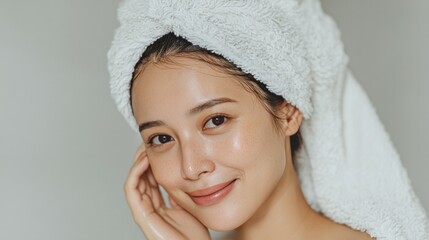 Asian woman in towel doing daily beauty routine, applying face cream while reflected in large mirror, steam on glass, cozy spa-like bathroom atmosphere