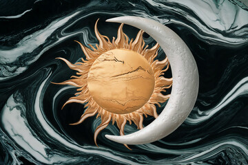 The sun and the moon. A digital art composition featuring a golden sun and grey moon with detailed surface texture against a swirling black and white marble background.