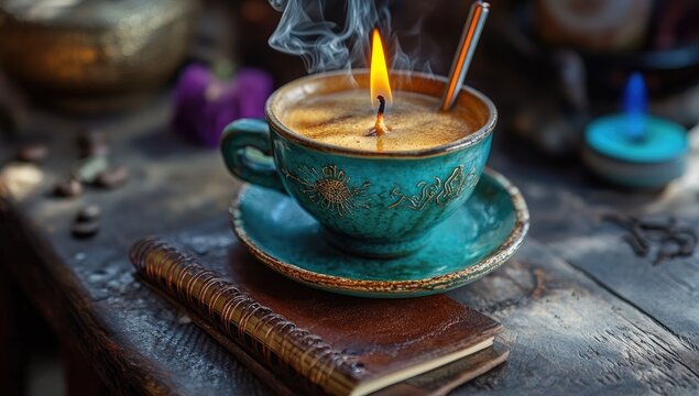 Teal cup coffee candle, steaming, on weathered wood