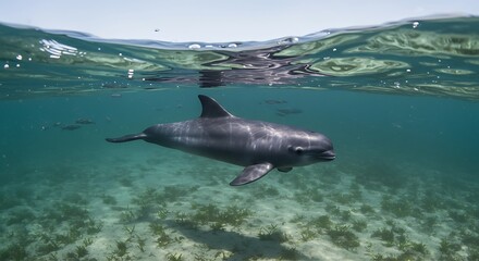 Fototapeta premium Underwater shot of a solitary dolphin swimming amidst shallow, clear water.