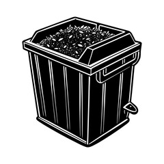 Illustration of black trash can with lid full of garbage waste disposal and bin container for recycling
