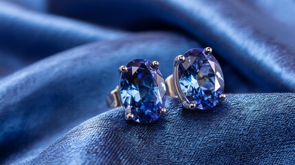 Elegant platinum earrings with blue sapphire on luxurious satin background