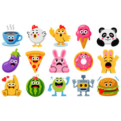 Funny Emoji Food & Animal Characters Cartoon Vector Set