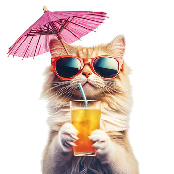 Cool cat summer vibes enjoying drink with sunglasses and umbrella cute on transparent background