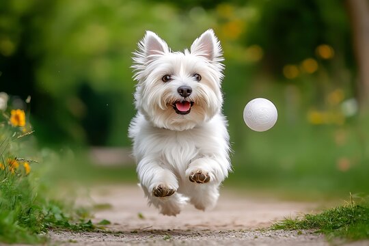 Playful dog fetching ball in green park action photography bright natural environment close-up perspective