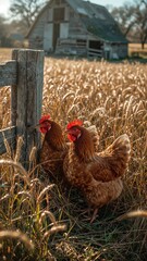 Two chickens standing near a wooden fence with a barn in the background on a sunny day outdoors