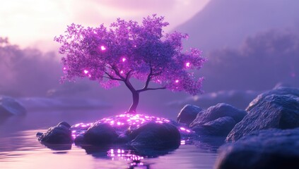 Mystical purple tree on a rock islet in a tranquil lake