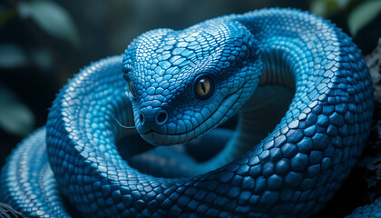 Fototapeta premium Blue pit viper coiled on branch with yellow eyes against black background