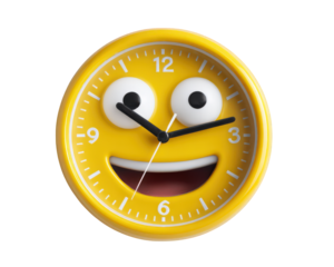 Yellow cartoon wall clock with smiling face, large eyes, and cheerful expression, isolated on transparency background, playful and fun decor for children or modern spaces