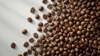 A scattering of coffee beans on a white surface with soft light creating a clean and simple image