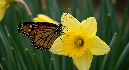Naklejka premium Monarch Butterfly on a Yellow Daffodil in Spring