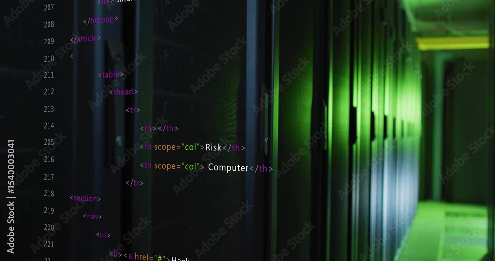 Poster html code overlay appearing initiating camera dollying aisle scrolling showcasing security topics