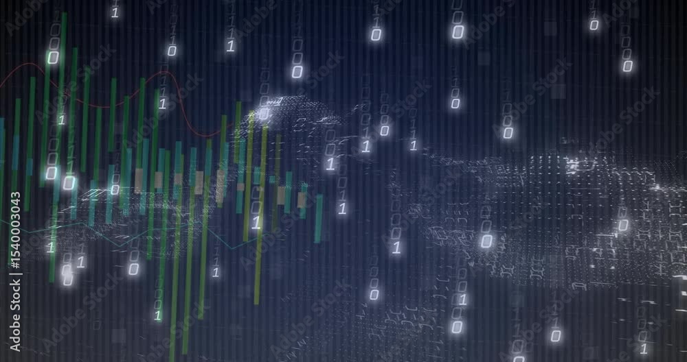 Poster Green bars appearing triggers binary digits drifting while wave rising and chart visualizing data