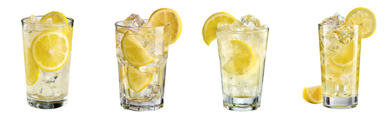 Refreshing Lemonade Glass with Ice Cubes and Citrus Fruit, a Cool Summer Drink PNG set with Transparent Background