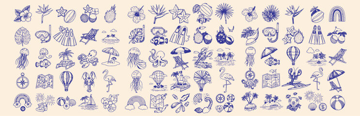 Hand Drawn Tropical Summer Vector Icon Set with Coastal Elements, Sea Creatures, Exotic Fruits, and Travel Illustrations for Beach and Vacation Designs

