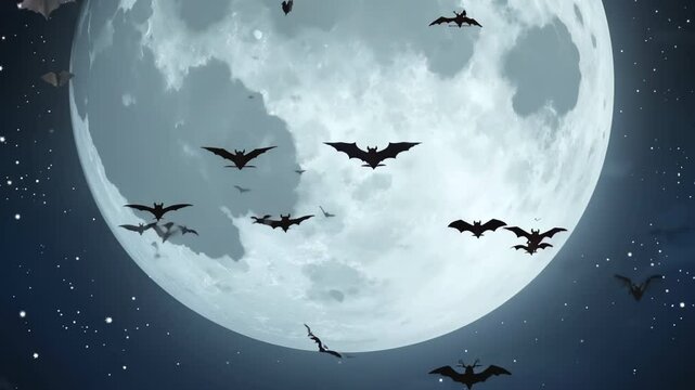 Multiple bats flying across full moon in a dark night sky. Perfect spooky Halloween background for horror projects.