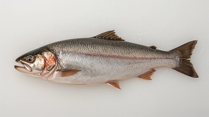 A single whole fish with silver scales and red patch on cheek laying on a white background surface