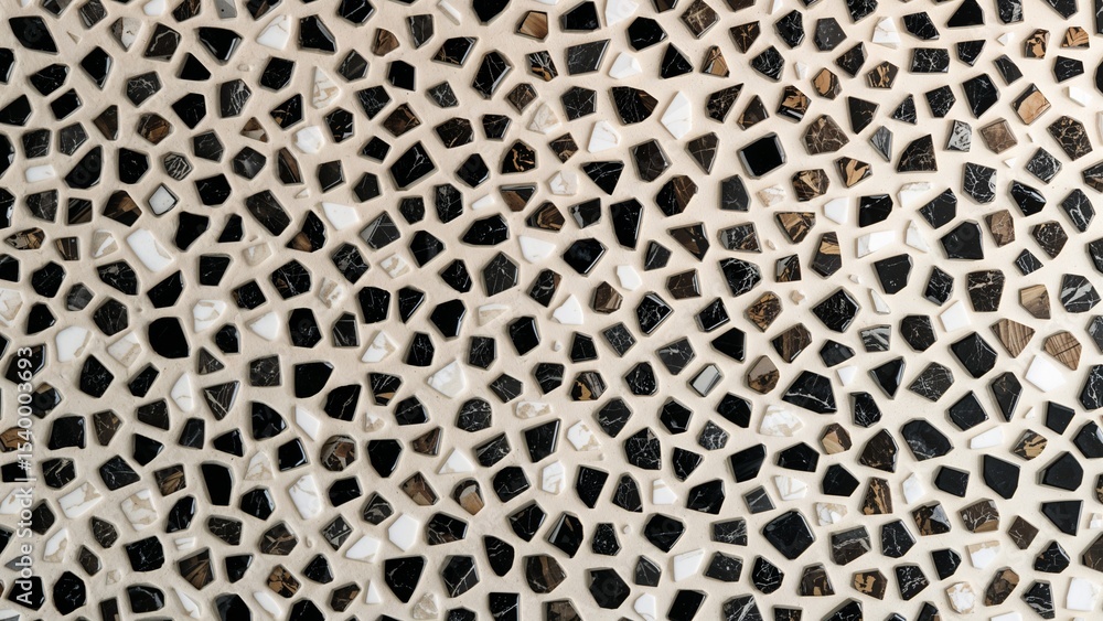 Poster close up of a mosaic tile pattern with black white and brown irregular shaped pieces in a random des