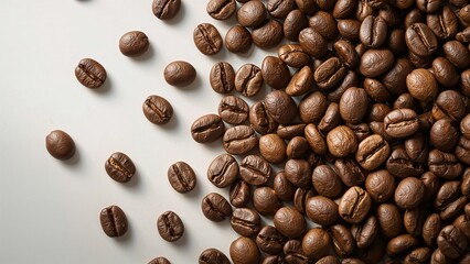 Roasted coffee beans scattered on a white surface with a gradient density arrangement from left to...