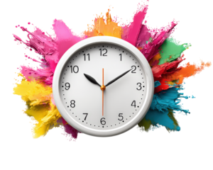 White wall clock with black numbers and hands, surrounded by vibrant colorful paint splashes, isolated on transparency background, creative and energetic concept