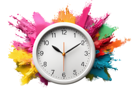 White wall clock with black numbers and hands, surrounded by vibrant colorful paint splashes, isolated on transparency background, creative and energetic concept