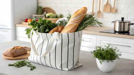 Fresh groceries in reusable tote bag on kitchen counter with bread and herbs for healthy eating