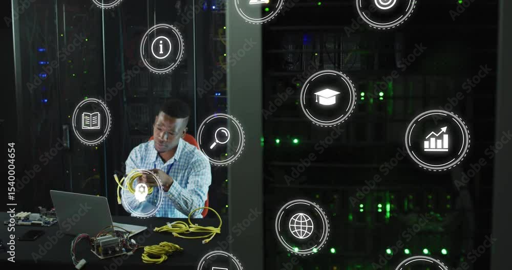 Aufkleber technician handling and testing cable while ar icons orbiting racks, configuring network on laptop