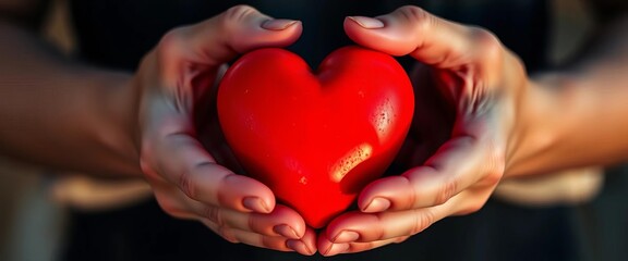 Two hands gently cradling a vibrant red heart,  background,  delicate