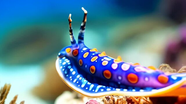 Vibrant sea slug crawling on coral reef with bright colors, beautiful underwater wildlife marine animal in natural habitat, blue and orange pattern
