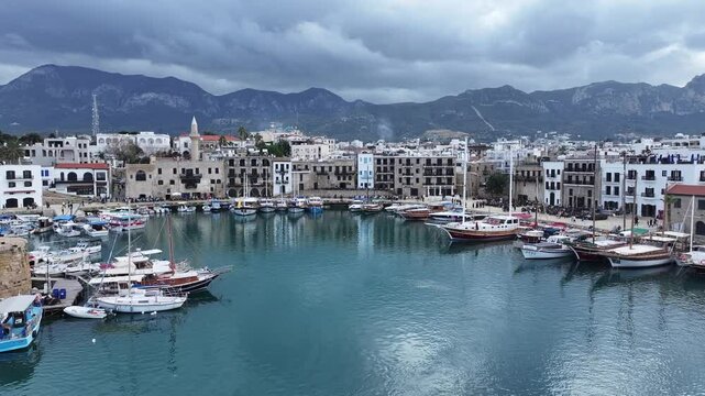 Aerial View of the Ancient Port and Kyrenia Castle in Kyrenia, the Pearl of Northern Cyprus