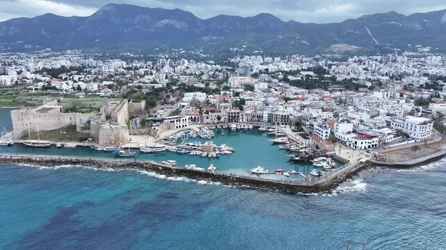 Aerial View of the Ancient Port and Kyrenia Castle in Kyrenia, the Pearl of Northern Cyprus