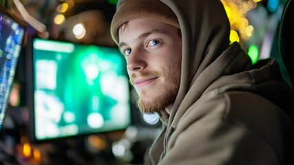 Young gamer in hoodie smiling at camera amidst colorful gaming setup.