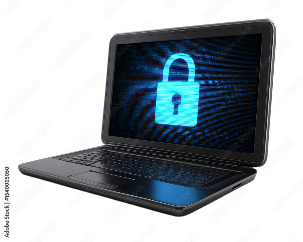 Poster laptop computer technology security digital lock blue cyber protection privacy glowing screen passwo