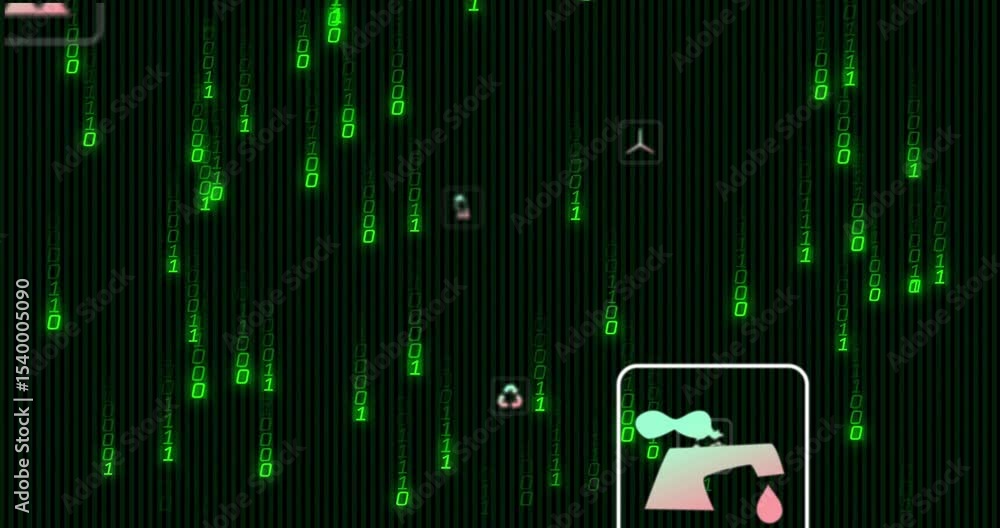 Poster hand icon drifting down starting sustainability icons flowing across cascading binary code