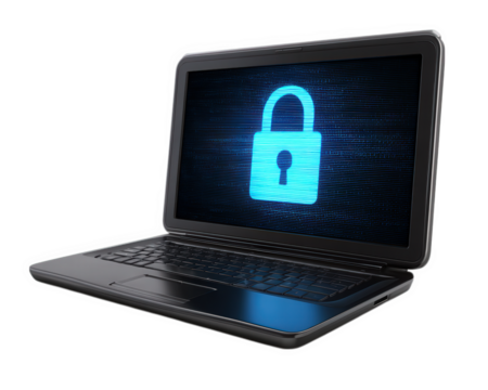 Laptop computer technology security digital lock blue cyber protection privacy glowing screen password encryption internet data safe secure modern electronic device information access online