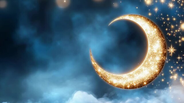 Glowing crescent moon in starry night sky.