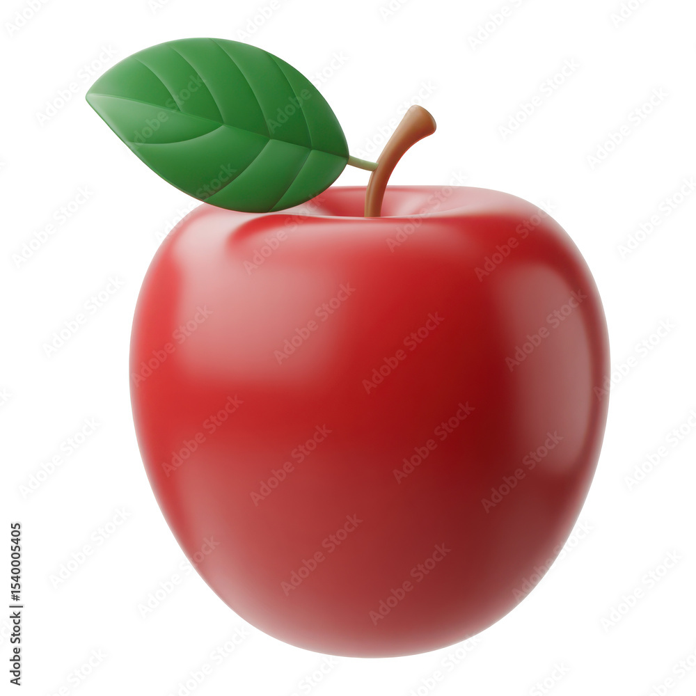 Fototapete red apple with leaf 3d render icon in cartoon plastic style minimal isolated on transparent backgrou
