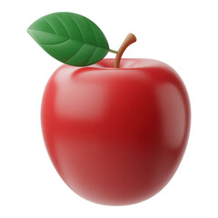 Red apple with leaf 3d render icon in cartoon plastic style minimal isolated on transparent background