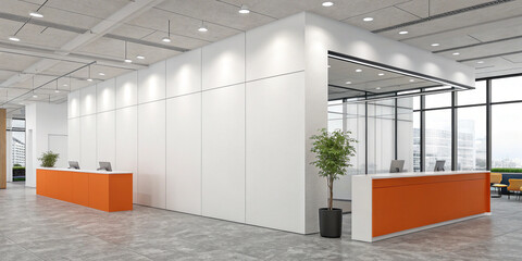 A blank white wall in a modern office interior with orange seats and plants, a vibrant and refreshing space for corporate design