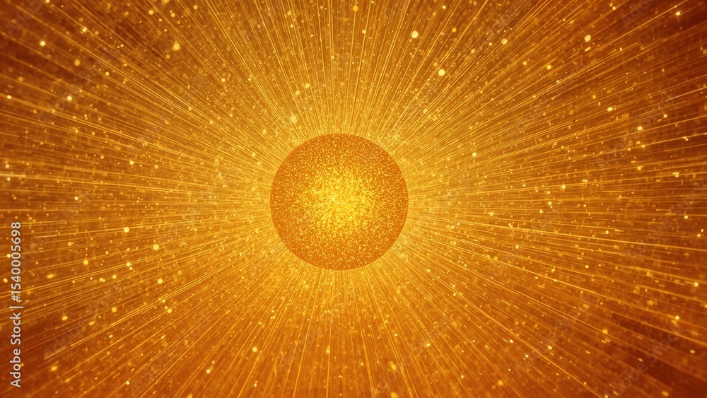 Poster a golden sphere with radiating lines and small particles creating a bright and abstract design
