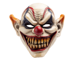 Scary horror clown mask with exaggerated grin, sharp teeth, red nose, and large ears, isolated on transparency background, evokes fear and unsettling emotions, perfect for Halloween