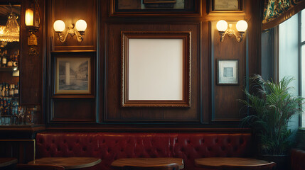 A blank picture frame hanging on the old textured wooden wall in a cosy old english or irish pub