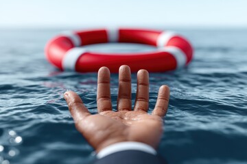 A businessman extends his hand towards a lifebuoy while submerged in the ocean, representing a dire plea for assistance during tough times.