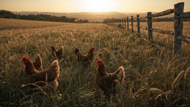 Chickens roaming freely in a field at sunset with a wooden fence in the background on a summer day