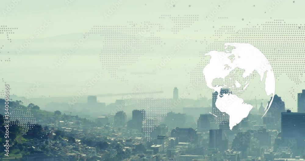 Poster dotted map overlay fading in starting white globe rotating over city skyline showing global link