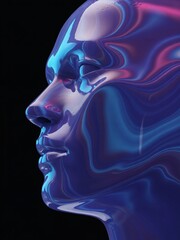 Obraz premium Abstract profile of a smooth, glossy face with vibrant blue and purple hues against a black background.