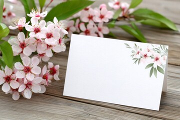Empty card showing spring flowers blooming on rustic wooden table